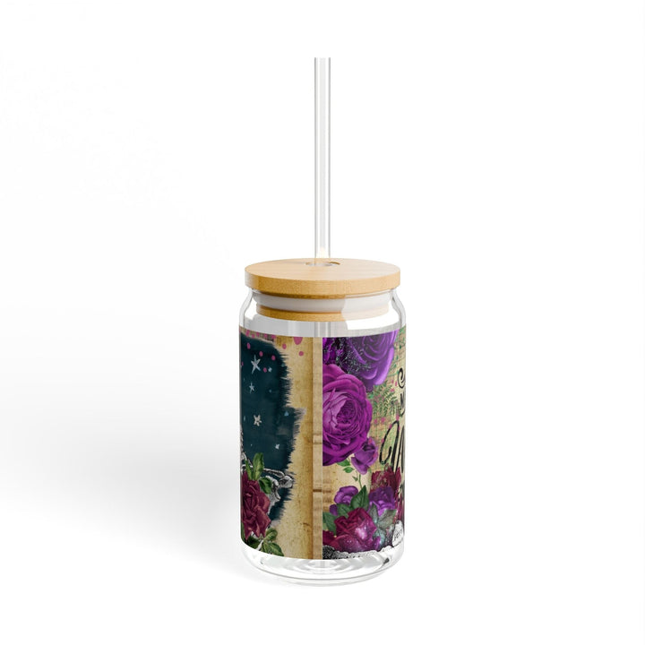 Sea Dragon Dreams 16oz clear tempered glass sipper with bamboo lid, tritan straw, and purple floral magic design.