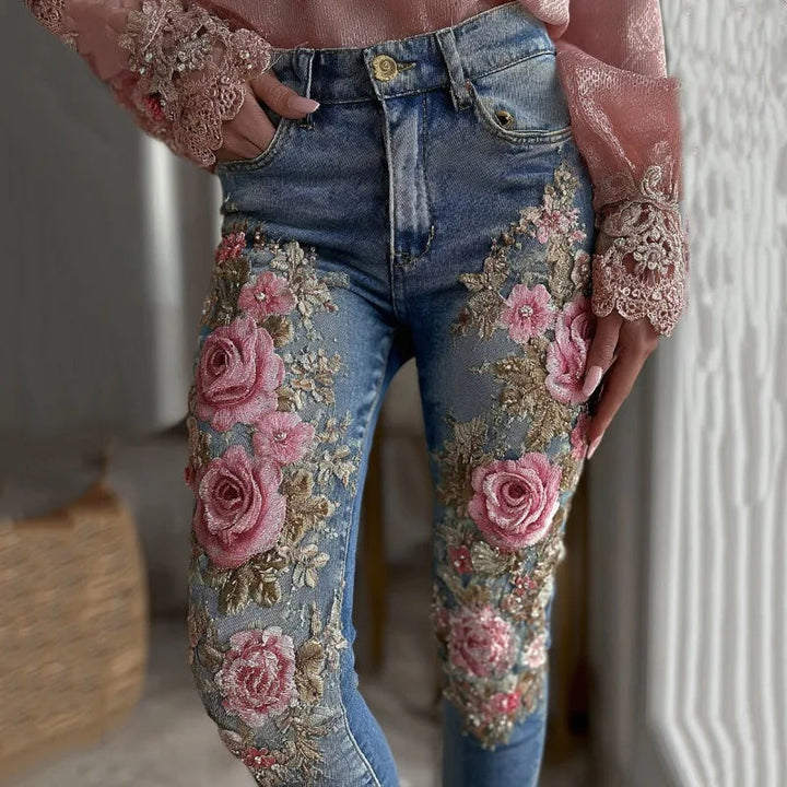 Sea Dragon Dreams blue stretch denim jeans featuring 3D pink floral embroidery and straight-leg silhouette