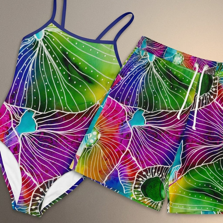 Sea Dragon Dreams vibrant floral print one-piece swimsuit and matching swim trunks with bold tropical colors