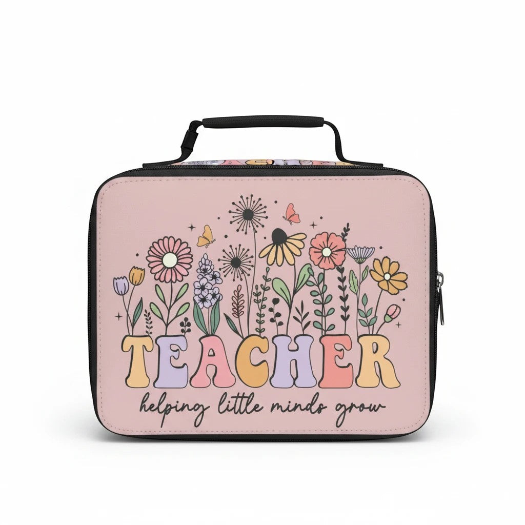 Sea Dragon Dreams insulated lunch bag with floral Teacher Helping Little Minds Grow design on a pink polyester background.