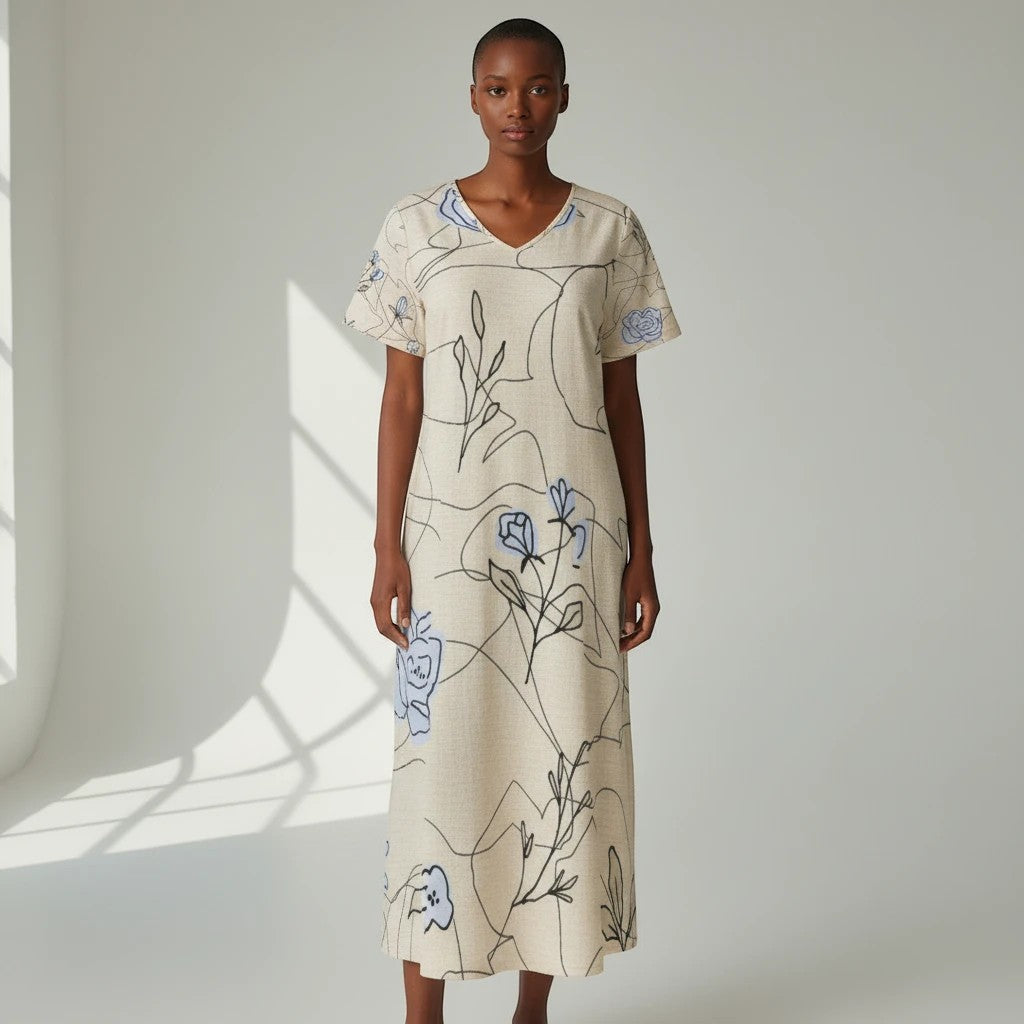 Sea Dragon Dreams V-neck jersey dress in beige with blue floral line art, featuring a relaxed, flowing silhouette.
