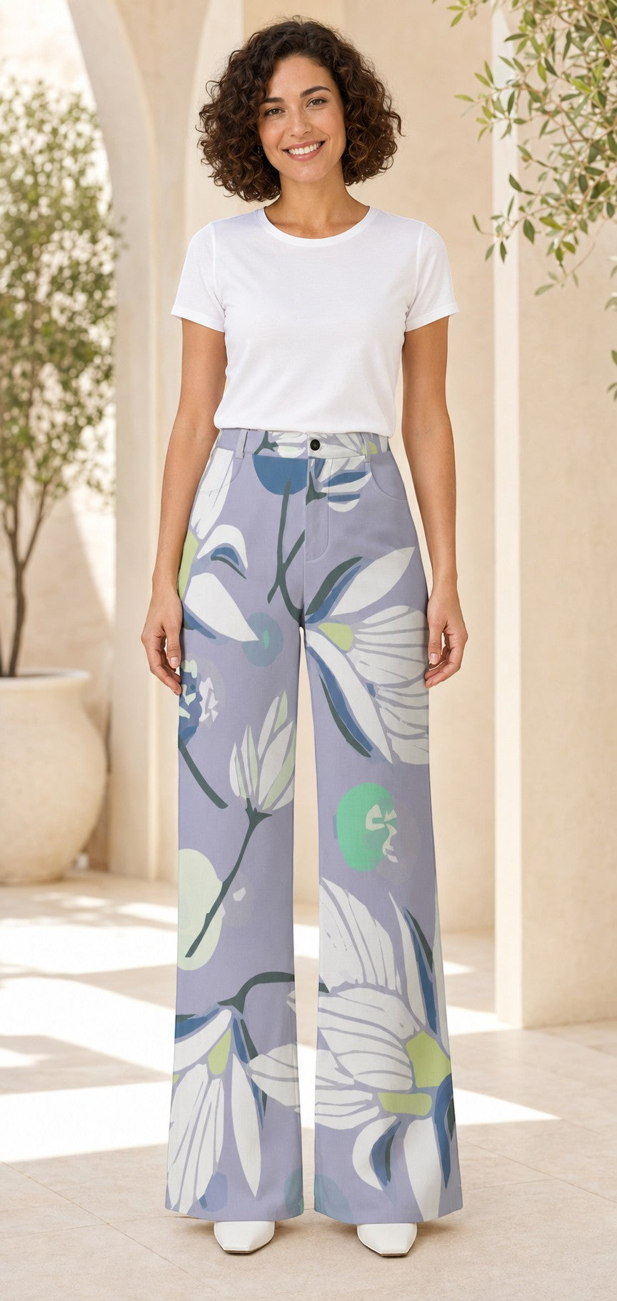 Sea Dragon Dreams high-waisted wide-leg pants in light purple with a large white and green floral print