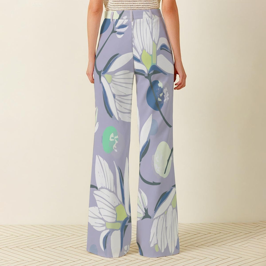 Sea Dragon Dreams high-waisted wide-leg pants in light purple with a large white and green floral botanical print