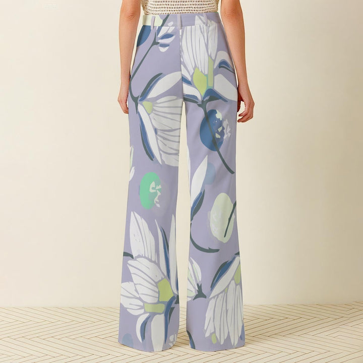 Sea Dragon Dreams high-waisted wide-leg pants in light purple with a large white and green floral botanical print