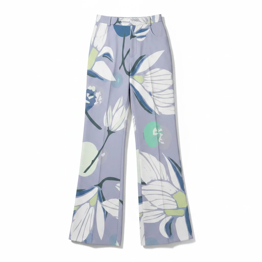 Sea Dragon Dreams high-waisted wide-leg pants in light purple with a white and green floral botanical print.