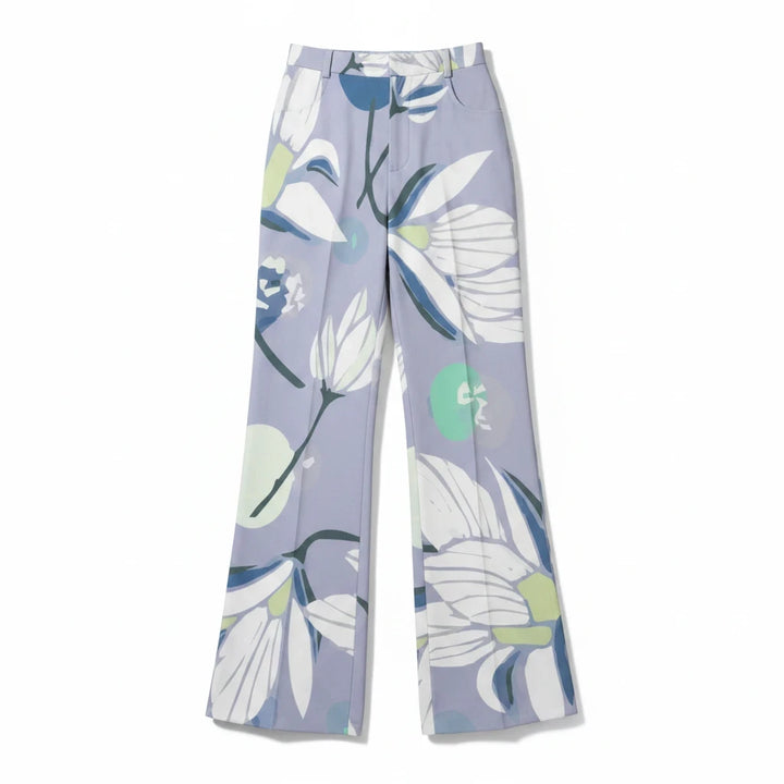 Sea Dragon Dreams high-waisted wide-leg pants in light purple with a white and green floral botanical print.