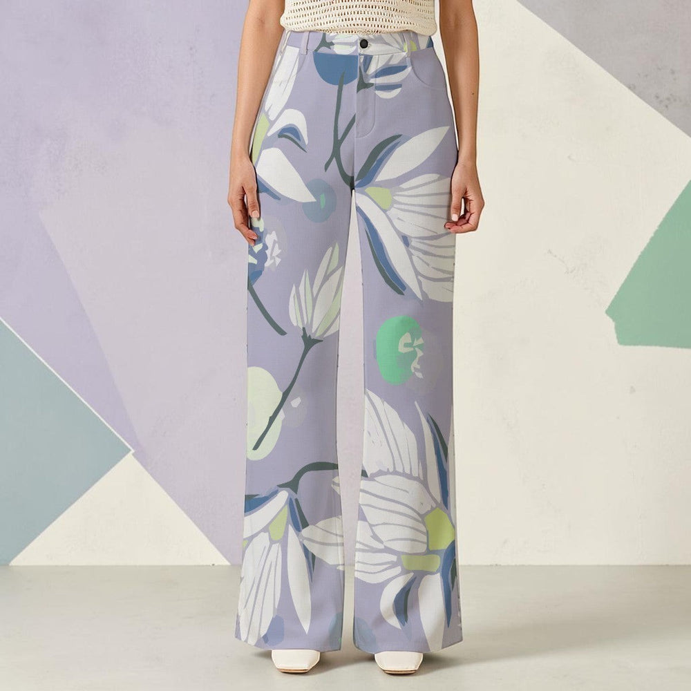 Sea Dragon Dreams high-waisted wide-leg pants in light purple with a large white and green floral botanical print.