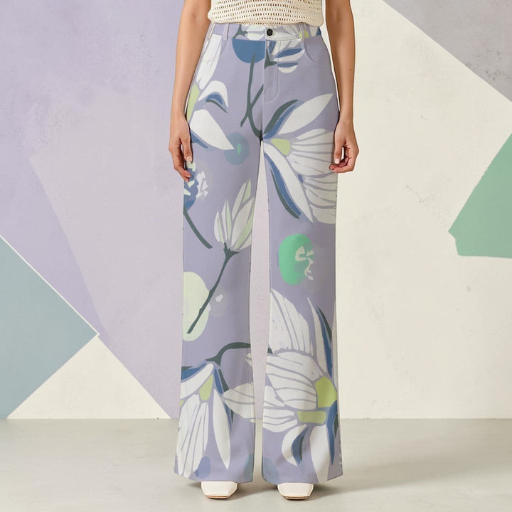 Sea Dragon Dreams high-waisted wide-leg pants in light purple with a large white and green floral botanical print.