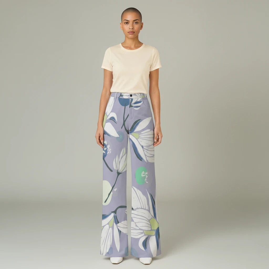 Sea Dragon Dreams high-waisted wide-leg pants in light purple with a large white and green floral print on a model
