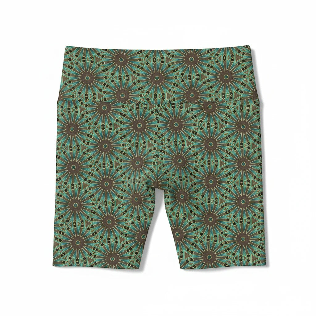 Sea Dragon Dreams Earthly Harmony workout shorts featuring a teal and brown floral mandala pattern in polyester.