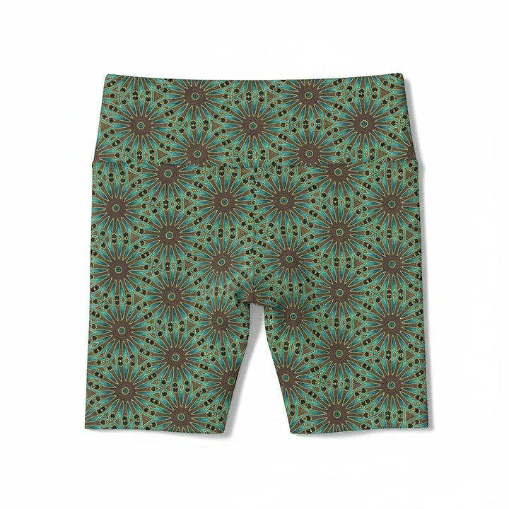 Sea Dragon Dreams Earthly Harmony workout shorts featuring a teal and brown floral mandala pattern in polyester.