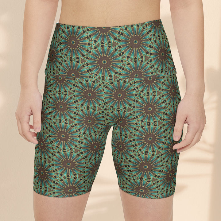 Sea Dragon Dreams floral workout shorts in teal and brown polyester, featuring a geometric pattern for yoga fitness.