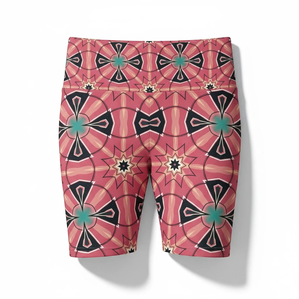 Sea Dragon Dreams Mystic Circles workout shorts in pink with a vibrant floral and geometric pattern