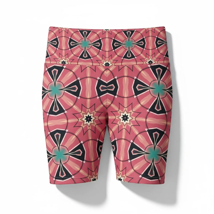 Sea Dragon Dreams Mystic Circles workout shorts in pink with a vibrant floral and geometric pattern