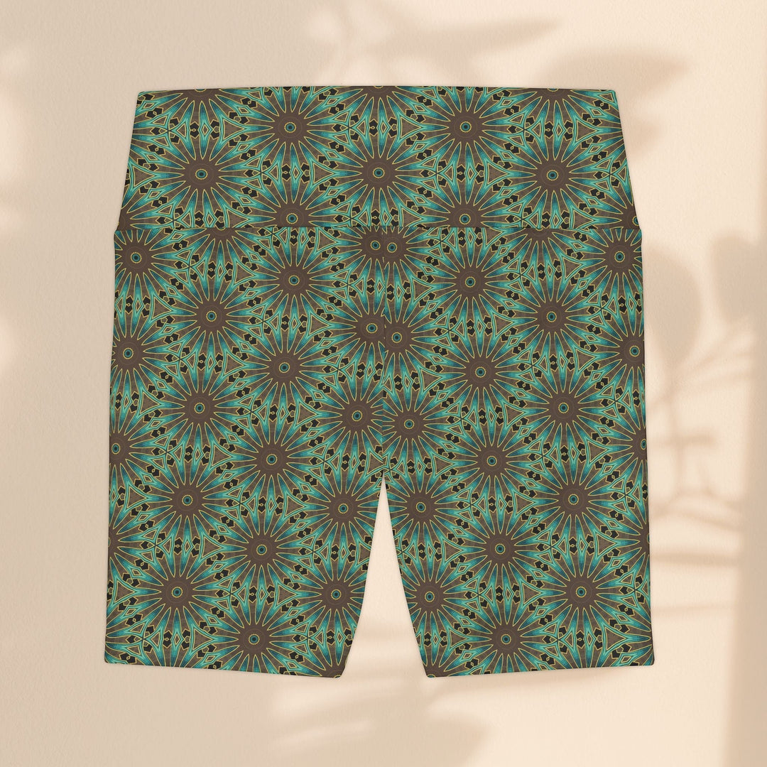 Sea Dragon Dreams Earthly Harmony workout shorts featuring a teal and brown geometric floral mandala pattern.