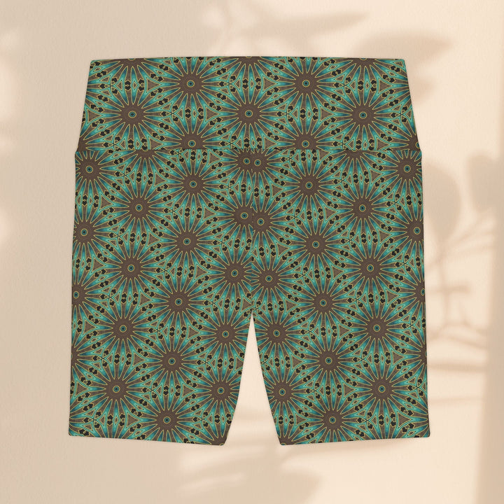 Sea Dragon Dreams Earthly Harmony workout shorts featuring a teal and brown geometric floral mandala pattern.