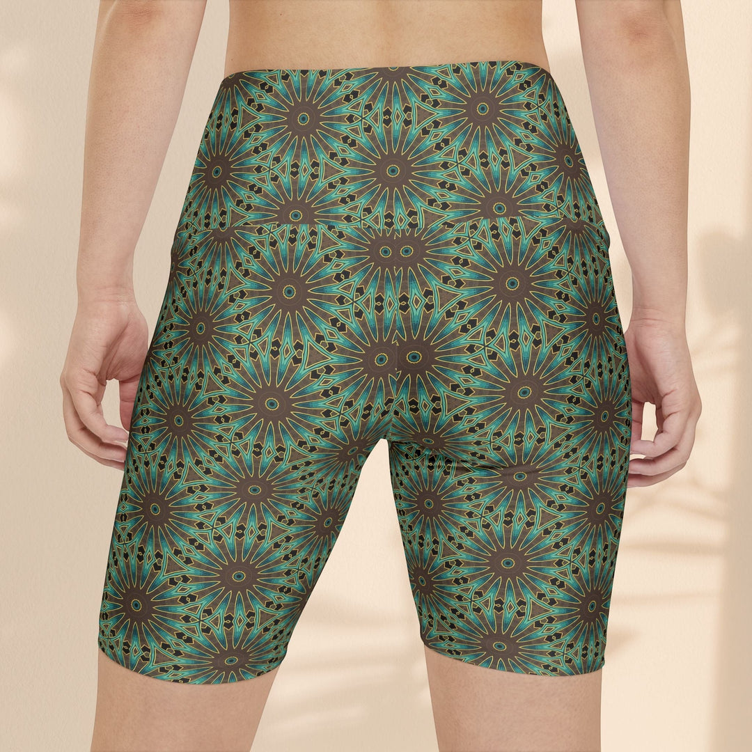 Sea Dragon Dreams floral workout shorts in teal and brown polyester with a high-waisted fit for yoga and fitness.