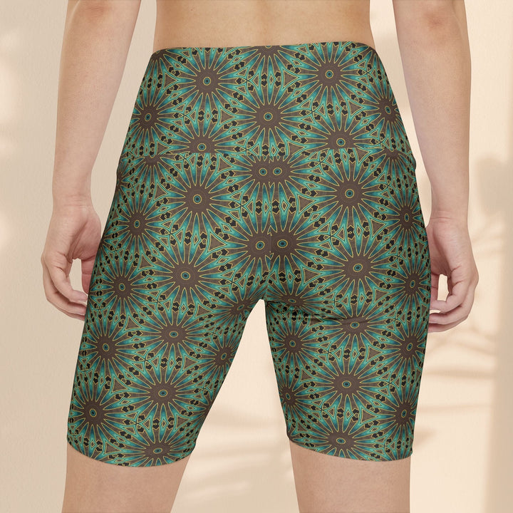 Sea Dragon Dreams floral workout shorts in teal and brown polyester with a high-waisted fit for yoga and fitness.