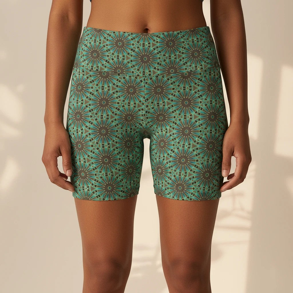 Sea Dragon Dreams women's workout shorts in teal and brown floral mandala print, made from lightweight polyester.