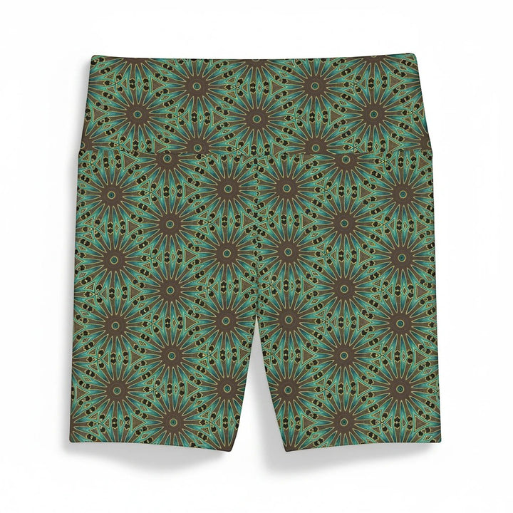 Sea Dragon Dreams women's workout shorts in a teal and brown floral mandala pattern, made of lightweight polyester.
