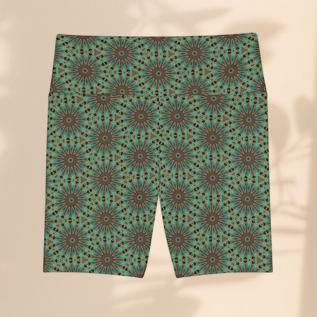 Sea Dragon Dreams women's workout shorts in a teal and brown floral mandala pattern, made from lightweight polyester.