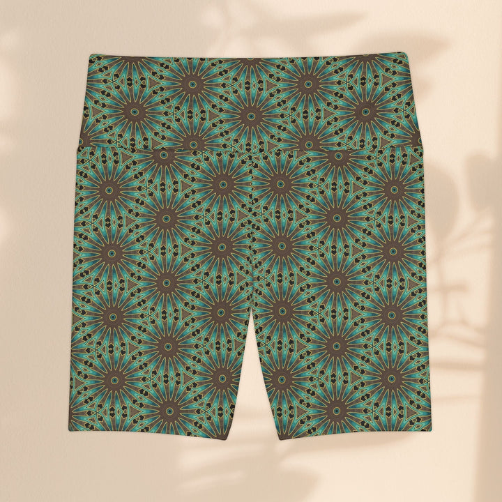 Sea Dragon Dreams women's workout shorts in a teal and brown floral mandala pattern, made from lightweight polyester.
