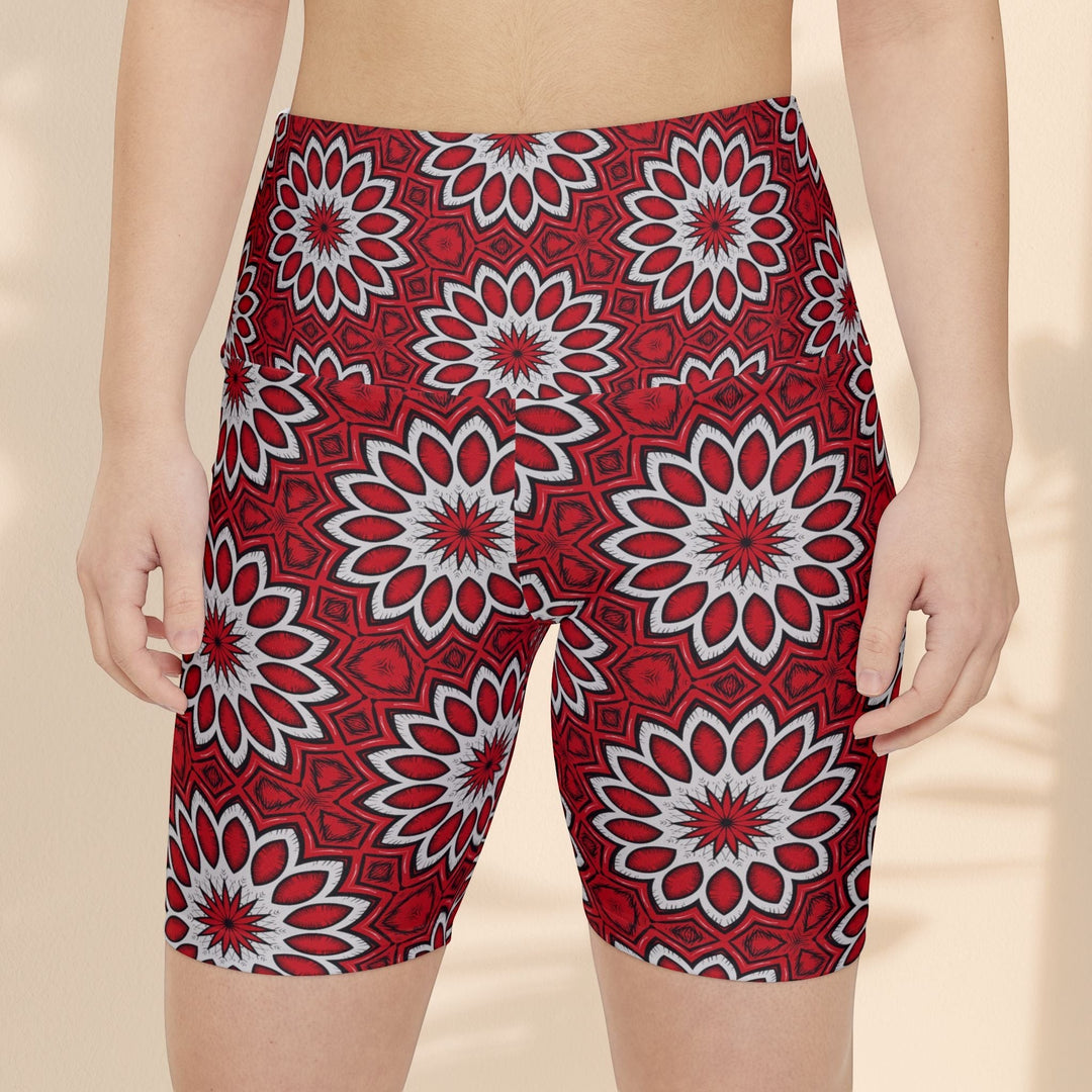 Sea Dragon Dreams Eternal Bloom workout shorts featuring a vibrant red and white floral pattern on polyester fabric.