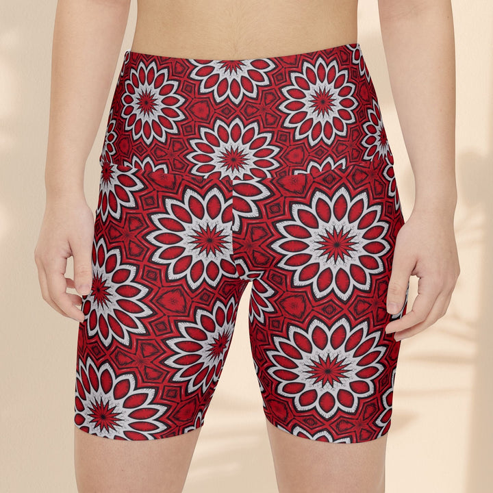 Sea Dragon Dreams Eternal Bloom workout shorts featuring a vibrant red and white floral pattern on polyester fabric.