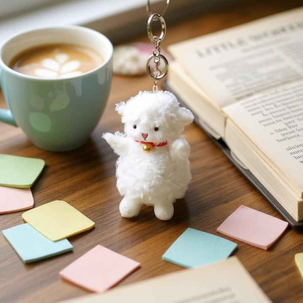 Sea Dragon Dreams kawaii white fluffy sheep charm with a red collar and gold bell, displayed on a wooden desk.