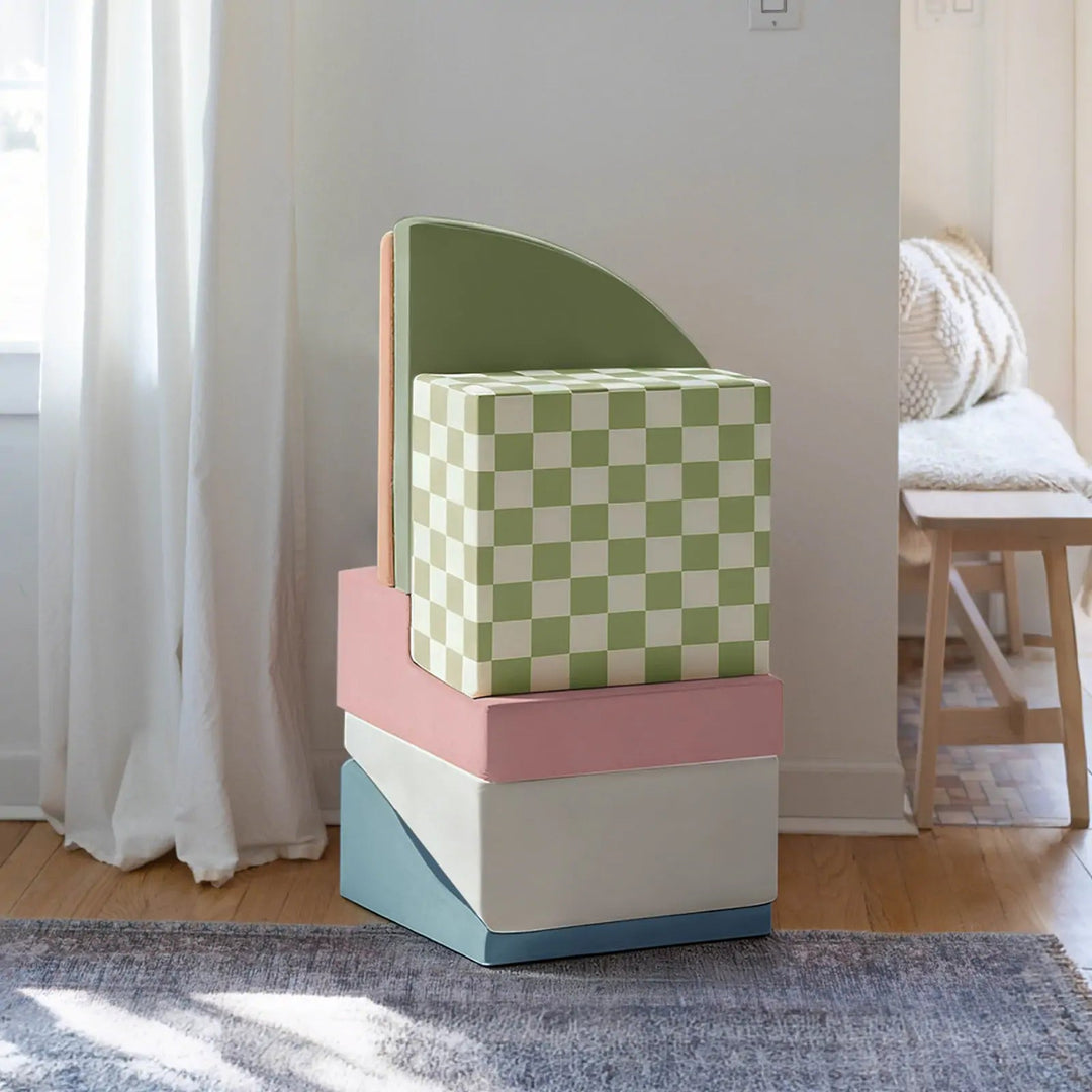 Sea Dragon Dreams Tiny Land PlayNest foam climbing blocks in a stacked Morandi color palette with a checkered pattern.