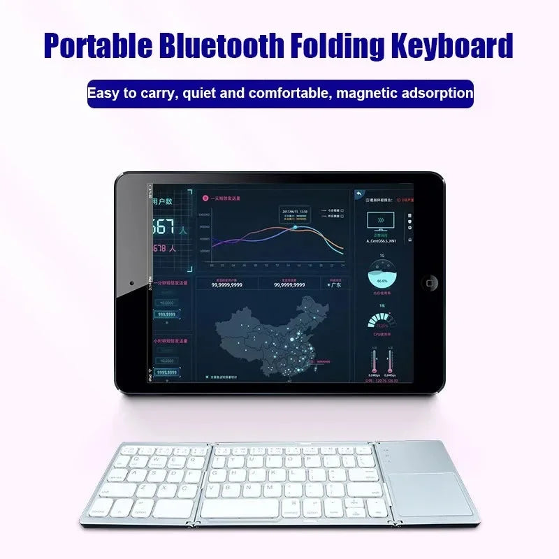 Sea Dragon Dreams foldable Bluetooth keyboard with integrated touchpad paired with a tablet for mobile productivity.