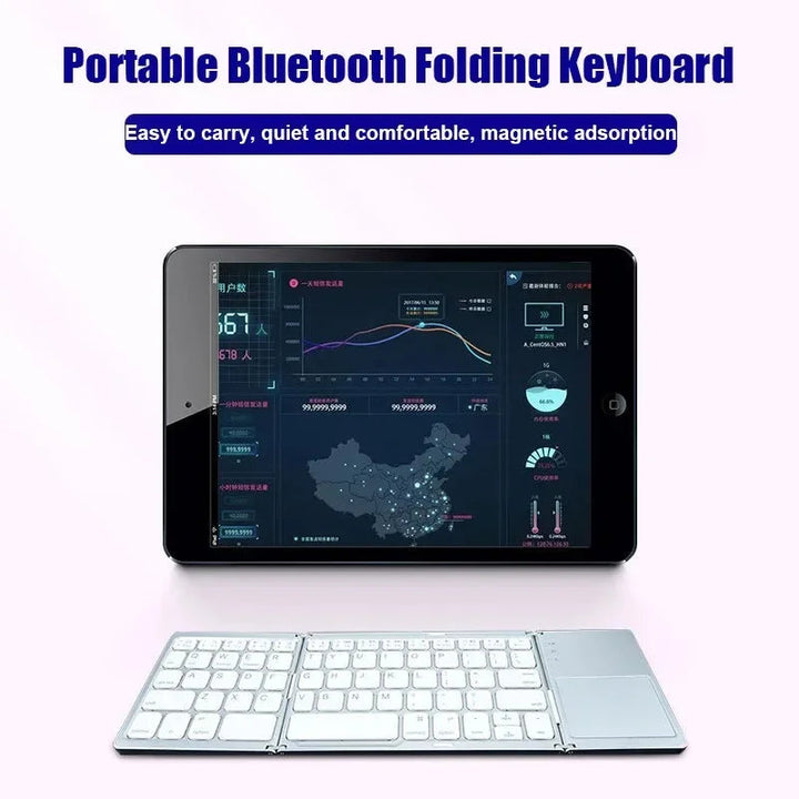 Sea Dragon Dreams foldable Bluetooth keyboard with integrated touchpad paired with a tablet for mobile productivity.