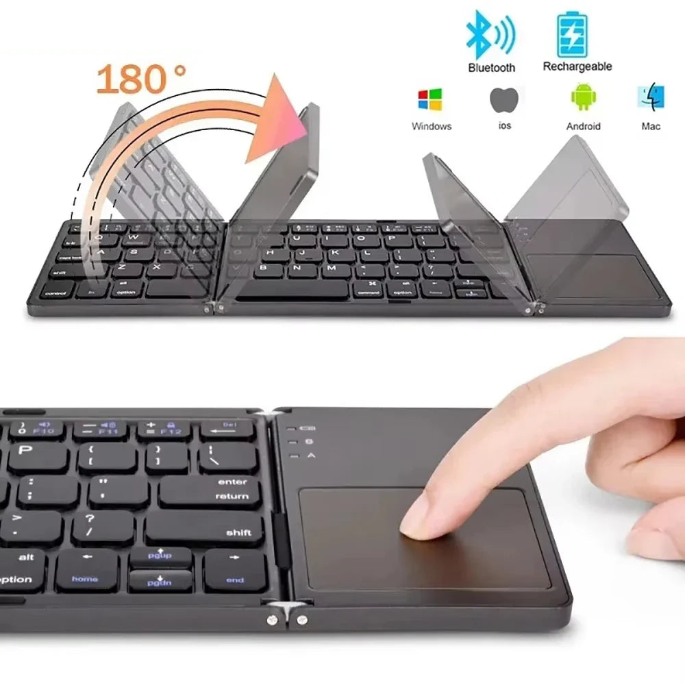 Sea Dragon Dreams foldable Bluetooth keyboard with integrated touchpad, showing a finger using the trackpad.