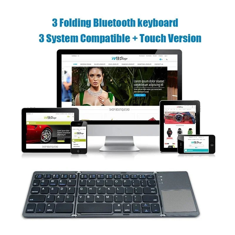 Sea Dragon Dreams foldable Bluetooth keyboard with built-in touchpad, shown in front of multiple connected devices.