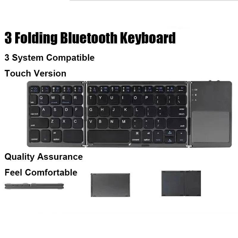 Sea Dragon Dreams foldable Bluetooth keyboard with integrated touchpad, featuring a slim black layout for travel.