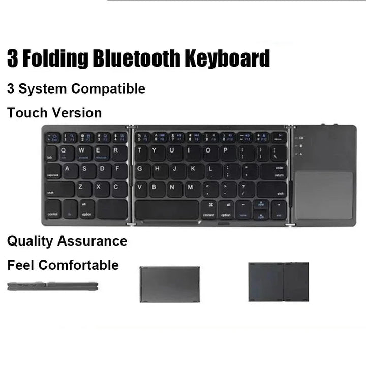 Sea Dragon Dreams foldable Bluetooth keyboard with integrated touchpad, featuring a slim black layout for travel.