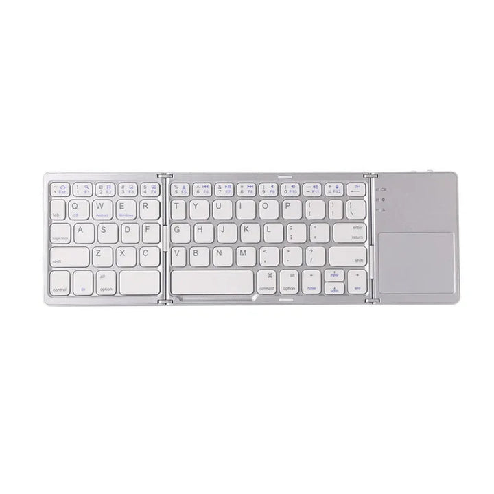 Sea Dragon Dreams foldable silver Bluetooth keyboard with a built-in touchpad for mobile devices and tablets.
