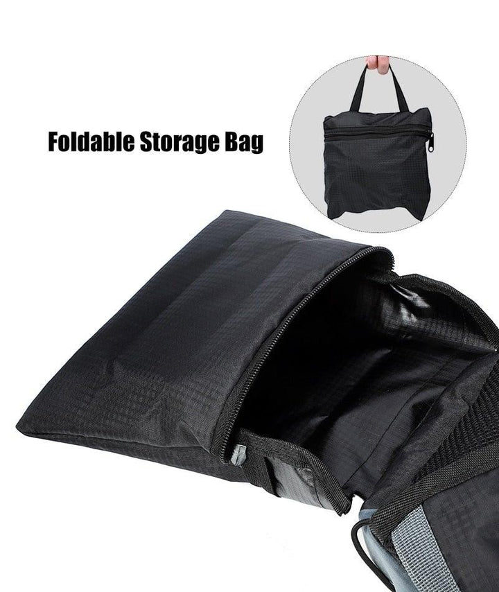 Sea Dragon Dreams black foldable ripstop hydration backpack shown with its compact storage bag for easy travel