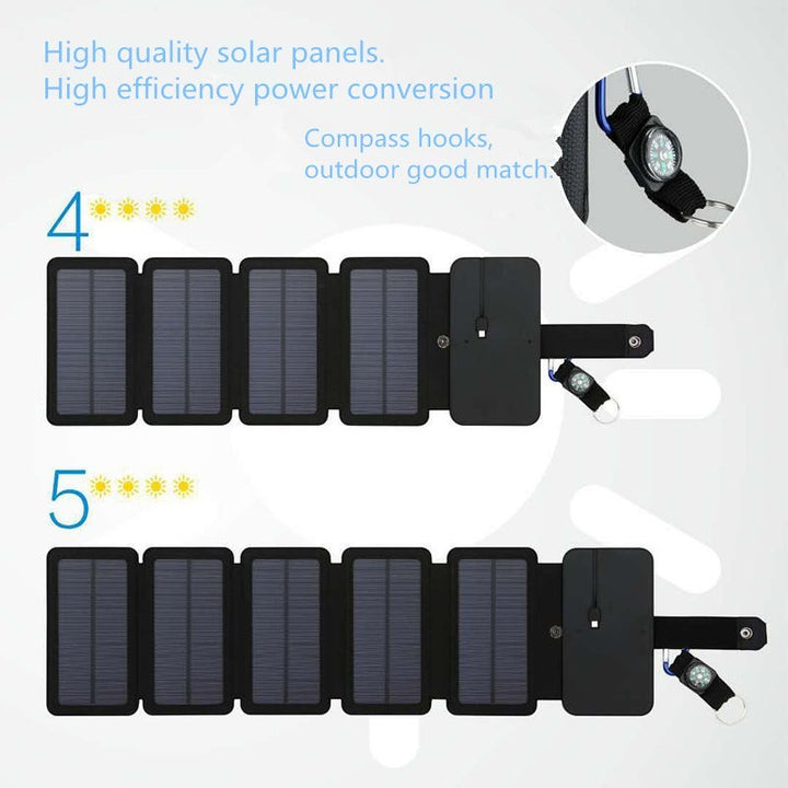 Sea Dragon Dreams portable folding solar panel charger with USB output and attached compass for camping and hiking