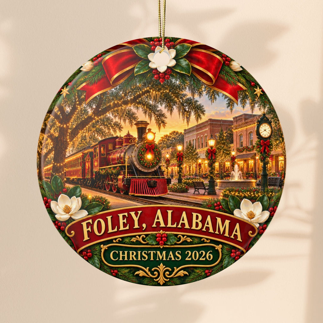 Sea Dragon Dreams ceramic Christmas ornament featuring a festive train in Foley, Alabama with 2026 holiday decor.