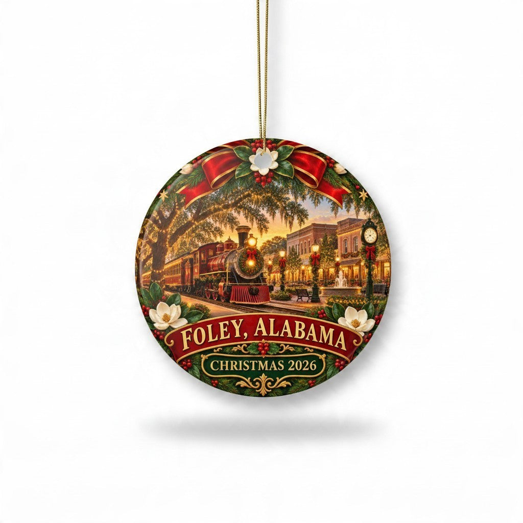 Sea Dragon Dreams ceramic ornament featuring a festive Foley Alabama Christmas 2026 train scene with gold hanging string