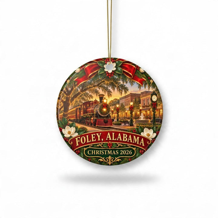 Sea Dragon Dreams ceramic ornament featuring a festive Foley Alabama Christmas 2026 train scene with gold hanging string