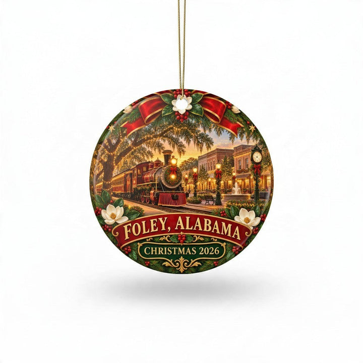 Sea Dragon Dreams ceramic Christmas ornament featuring a vintage train in Foley, Alabama, dated 2026 with holiday decor.