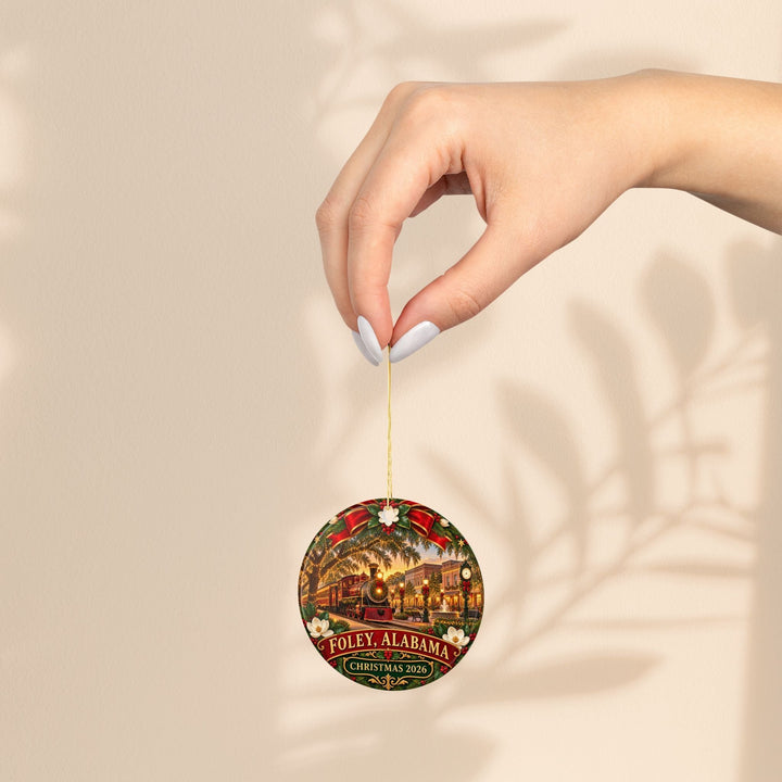 Sea Dragon Dreams ceramic Christmas ornament featuring a Foley Alabama train design held by a hand against a wall.