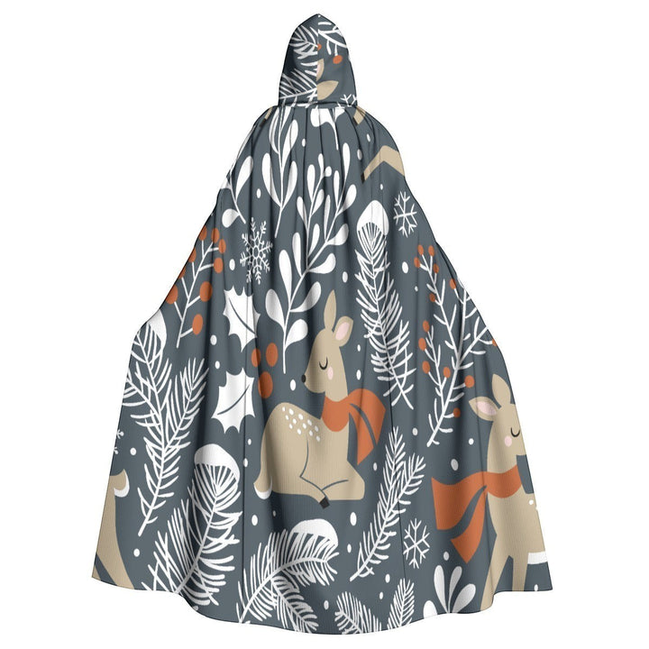 Sea Dragon Dreams hooded cloak in dark grey microfiber with a whimsical forest print of deer, holly, and snowflakes.