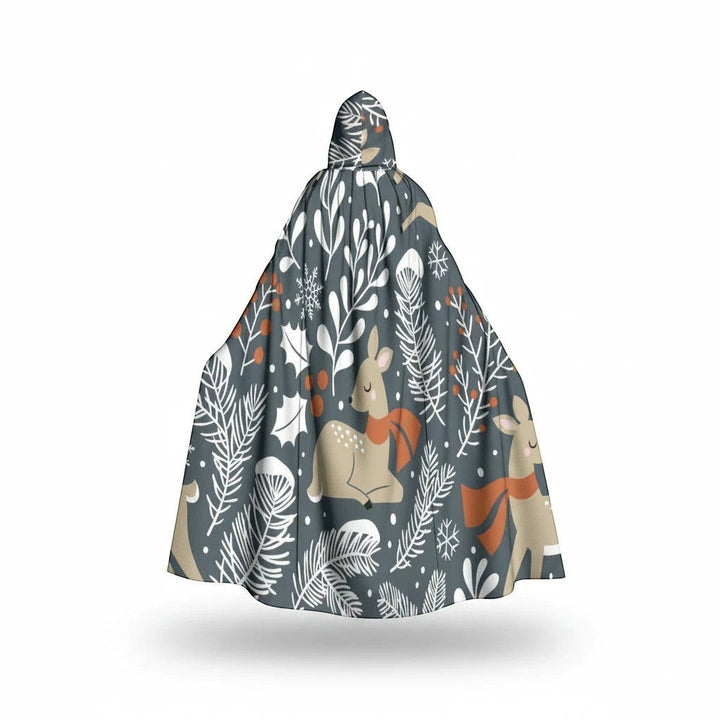 Sea Dragon Dreams hooded cloak in grey microfiber with a whimsical forest print featuring deer, berries, and foliage.