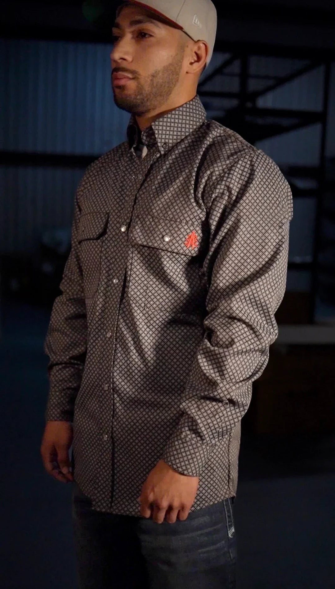 Sea Dragon Dreams men's flame-resistant work shirt in copperhead paisley print with pearl snaps and chest pockets.
