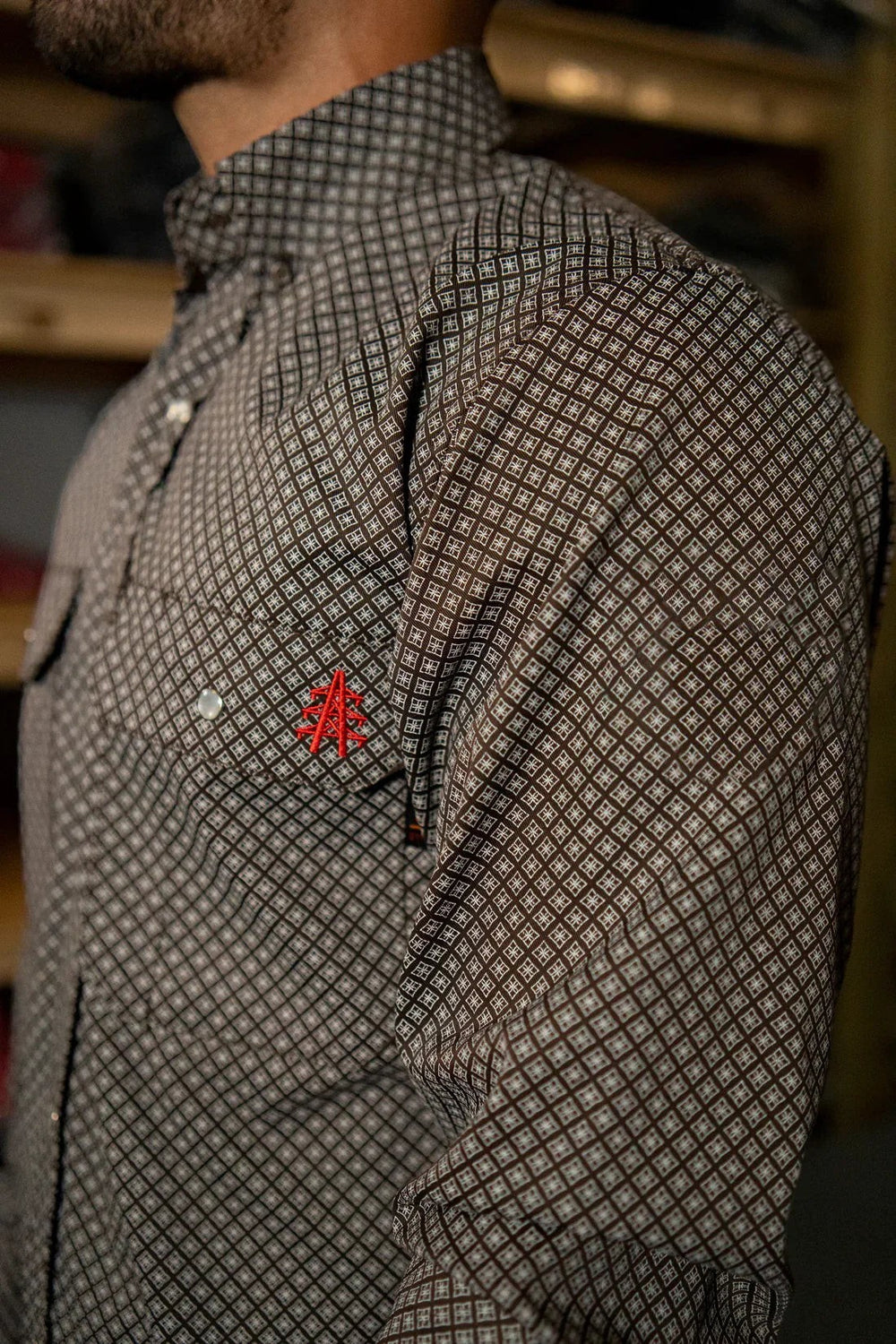 Sea Dragon Dreams flame-resistant work shirt in copperhead paisley print with pearl snap buttons and chest pocket