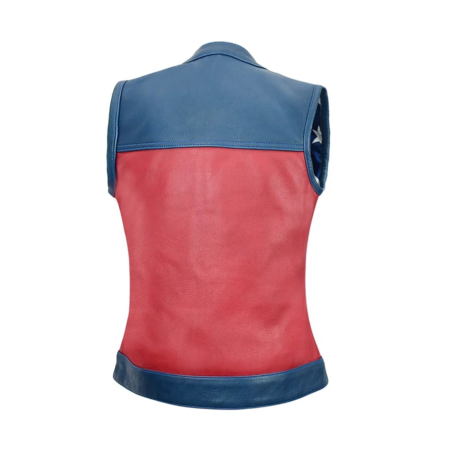 Sea Dragon Dreams Freedom Belle women's motorcycle leather vest in red and navy blue, back view with patch zipper.