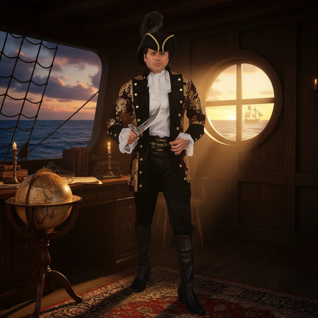 Sea Dragon Dreams French Pirate Captain Jacket in ornate gold and black, worn by a man with a tricorn hat and sword.
